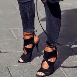 Black tie up peep toe heels